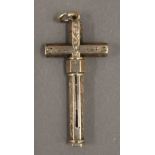 A Victorian unmarked yellow metal crucifix form pendant propelling pencil