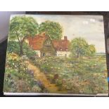 A Country House and Garden, oil on board, unframed, together with an unframed watercolour,