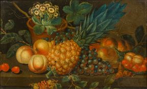 FLEMISH SCHOOL (17th century) Still Life of Fruit and Flowers Oil on metal, framed. 47.5 x 29 cm.