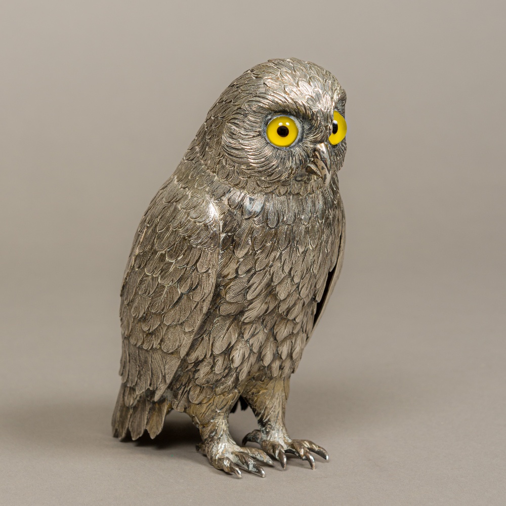 A large Sterling silver model of an owl, probably hallmarked for London 1970,