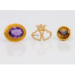 A 14 ct gold amethyst set brooch With Greek key border;