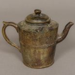 A Chinese bronze cast teapot and cover With banded decoration and cast single character mark. 13.