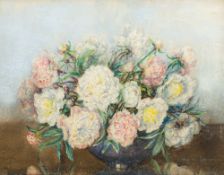 MARION L BROOM (1878-1962) British (AR) Still Life of Peonies in a Bowl Watercolour and pastel,