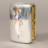A Continental silver and enamelled cigarette case Worked with an elegant lady. 8.5 cm wide.