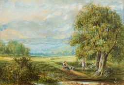 LEWIS (19th century) British Shepherd and His Companion at Rest Beside a River in an Extensive