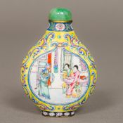 A Chinese Canton enamel snuff bottle and stopper Worked with figural vignettes within lotus