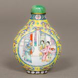 A Chinese Canton enamel snuff bottle and stopper Worked with figural vignettes within lotus