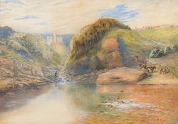 R HARRIS (19th century) British Cattle Herder and Fisherman in a Waterside Landscape a Castle and