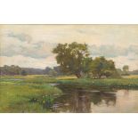 Attributed to SIR ALFRED MUNNINGS (1878-1959) British River Landscape Oil on canvas, framed. 44.