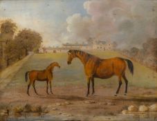 AMERICAN SCHOOL (19th century) Horses before a Country Estate Oil on metal panel, framed.