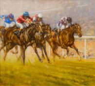 GRAHAM ISOM (born 1945) British (AR) The Queen Mary Stakes Oil on canvas, signed, framed. 49.