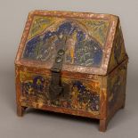 A Continental medieval style casket With iron strap and lock plate and with line engraved hinges,