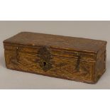 A 17th/18th century hinged leather travelling box The sectional interior with three vacant and one