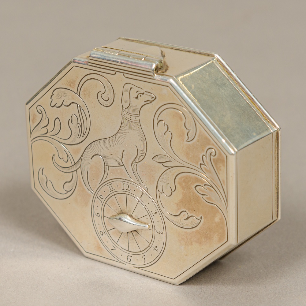 A 19th century unmarked silver combination dial snuff box Of octagonal form,