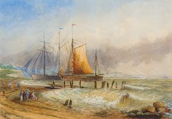 IRISH SCHOOL (19th century) Stranded vessels, Bray Watercolour, titled,