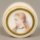 A 19th century portrait miniature inset turned ivory snuff box Of circular form,