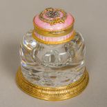 A diamond set enamel and silver gilt mounted clear glass inkwell The hinge lid gem set,