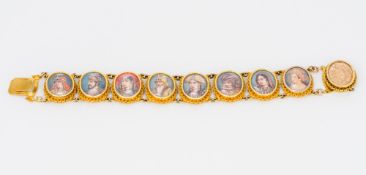 An Indian unmarked high carat gold bracelet Each link inset with a portrait miniature.