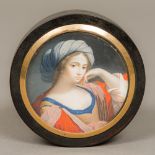 An 18th century portrait miniature inset tortoiseshell snuff box Of circular form,