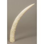 An early 20th century carved tusk Worked in the round with animals and insects. 42 cm long.
