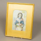 A 19th century three-quarter length portrait miniature on ivory Painted as a flower girl,