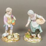 A pair of 19th century Meissen porcelain figurines One formed as a young boy feeding geese,