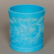 A Chinese porcelain brush pot Worked with birds in a continuous landscape with all over turquoise