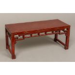A Chinese white metal inlaid hardwood stand Of altar table form, with pierced undertier.