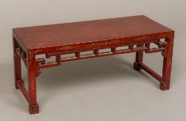 A Chinese white metal inlaid hardwood stand Of altar table form, with pierced undertier.