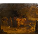 ENGLISH SCHOOL (19th century) Milkmaid and Herdsmen With Animals in a Stable/Barn Interior Oil on