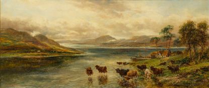 ANDREW LENNOX (19th/20th century) Long Horned Cattle Watering in a Highland Loch Scene Oil on