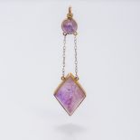 An unmarked gold framed Islamic hardstone pendant Of inverted drop form,