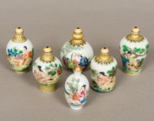 Six Chinese porcelain snuff bottles and stoppers Various sizes with erotic decoration,