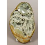 A Chinese carved wooden celadon and russet jade boulder Worked with figures on a terrace in a