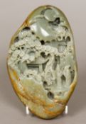 A Chinese carved wooden celadon and russet jade boulder Worked with figures on a terrace in a