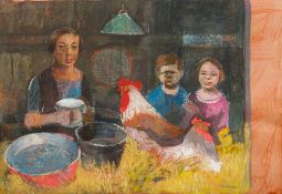 KENN BURROWS (20th/21st century) British (AR) Feeding Birds With Three Figures Mixed media on board,