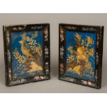 A pair of 19th century Japanese strawwork pictures One depicting a cockerel on foliate rockwork,