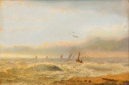 THOMAS LUCOP (1834-1911) British Off to Sea Oil on panel, signed and dated '85, framed. 45.