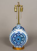 A Chinese blue and white porcelain moon flask lamp base With twin light fitting. 62 cm high.