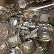 A collection of small silver items, etc., including a cigarette case, spoons, salts, etc.