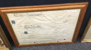 A maple framed 19th century indenture on vellum, to Thomas Gulliver,