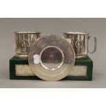 Two 800 silver horse racing trophy cups and a small silver trophy plate