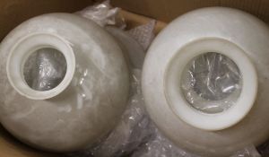 A quantity of opaline glass light shades, lamp parts, glass chimneys, etc.