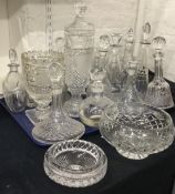 A large quantity of cut glass decanters, racing trophies, bowls, etc.