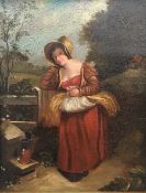 An oil on board depicting an 18th century Farm Girl,