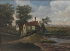 ENGLISH SCHOOL (19th century), Figures Before a Rural Cottage in Landscape, oil on canvas, framed,