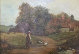 A 19th Century oil on canvas, Feeding the Ducks, indistinctly signed,