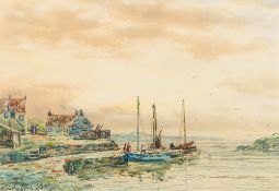 JOHN HAMILTON GLASS (19th/20th century), Figures and Boats Quayside, watercolour, signed,