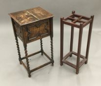 An oak stick stand and an early 20th century oak barley twist sewing table