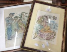 A pair of mid-20th century erotic watercolours, possibly Eastern Block, indistinctly signed,